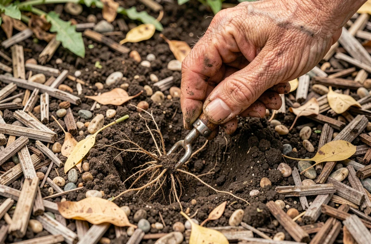 Gros plan sur des mains de jardinier qui sarclent la terre et arrachent une mauvaise herbe avec un outil manuel