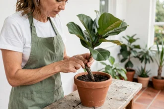 Femme pratiquant le marcottage sur une branche de ficus lyrata dans une véranda, technique de multiplication des plantes par marcotte aérienne