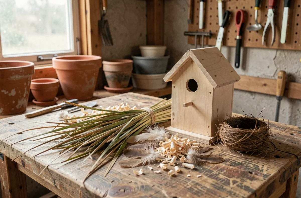 Matériaux naturels pour garnir un nichoir disposés sur un établi en bois dans un atelier de jardin