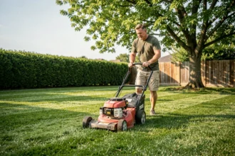 Homme tondeuse gazon jardin maison printemps rosée herbe verte