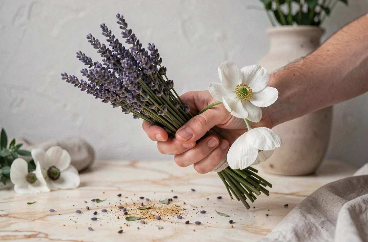 Gros plan de mains tenant de la lavande séchée et des anémones fraîches pour les mélanger en composition florale