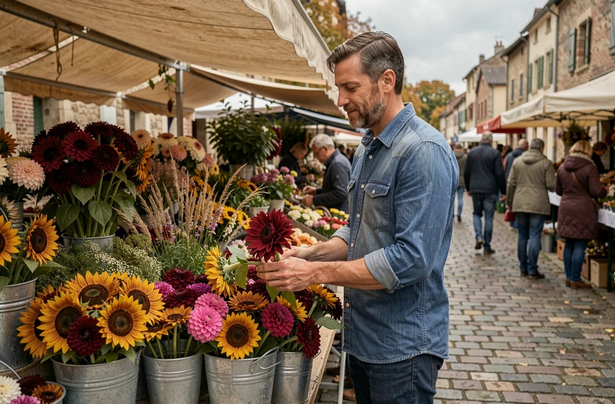 Homme choisissant et mélangeant des tournesols, dahlias et herbes sauvages sur un marché aux fleurs en cobblestones français