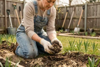 Jardinière tenant un mélange de sol riche en compost pour faire pousser de l'herbe dans un jardin résidentiel au printemps