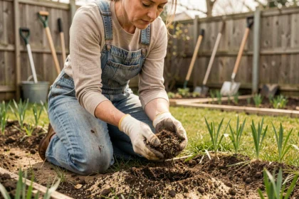 Jardinière tenant un mélange de sol riche en compost pour faire pousser de l'herbe dans un jardin résidentiel au printemps
