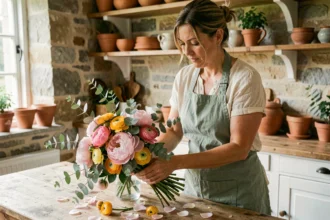 Femme arrangeant un bouquet mélangé de pivoines et de renoncules sur une table en bois rustique dans une cuisine de campagne