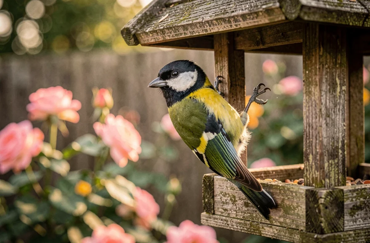 Mésange charbonnière accrochée à une mangeoire en bois dans un jardin de banlieue