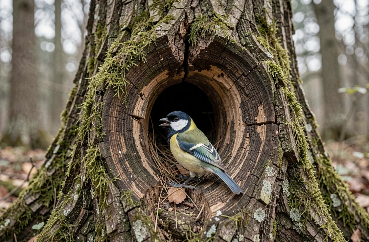 Mésange charbonnière à l'entrée d'un trou de nidification dans un arbre forestier