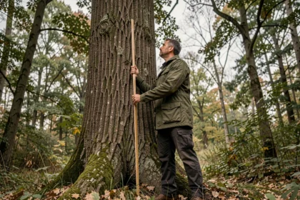 Homme mesurant la hauteur d'un grand chêne en forêt avec une perche de mesure