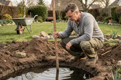Jardinier mesurant la profondeur d'un étang de jardin avec une règle en bois sur un chantier de terrassement au printemps
