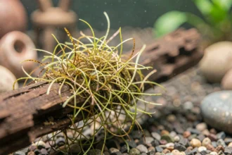 Mousse de Java clairsemée et jaunissante attachée à une racine dans un aquarium d'eau douce