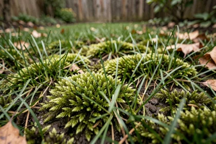 Mousse envahissant un gazon résidentiel avec des plaques vertes denses entre les brins d'herbe