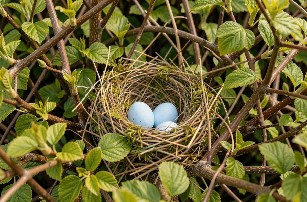 Nid d'oiseau avec des œufs niché dans une haie de jardin au printemps, rappelant l'interdiction de tailler pendant la nidification