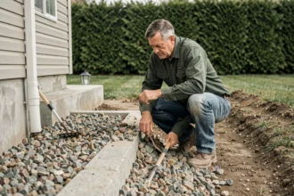 Homme étalant du gravier compacté autour des fondations d'une maison pour un nivellement efficace
