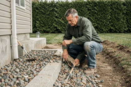 Homme étalant du gravier compacté autour des fondations d'une maison pour un nivellement efficace