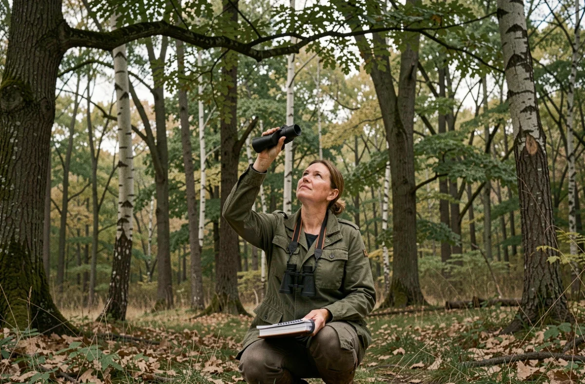 Ornithologue femme observant des oiseaux dans une clairière forestière avec des jumelles