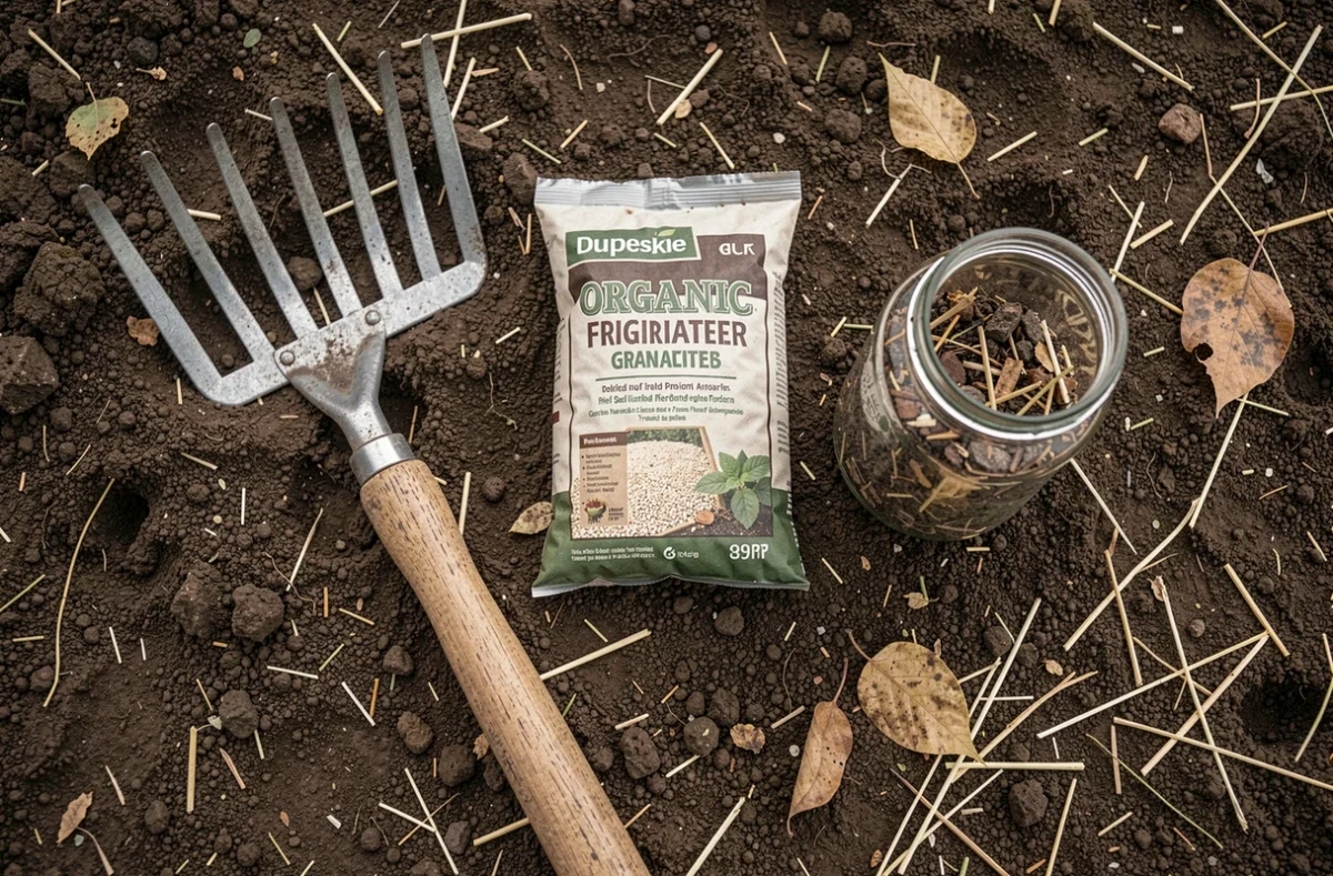 Vue de dessus d'outils de jardinage et d'amendements organiques posés sur une terre de jardin travaillée