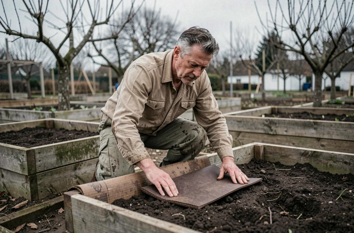 Homme installant du paillage en carton sur un potager surélevé pour protéger le sol en hiver