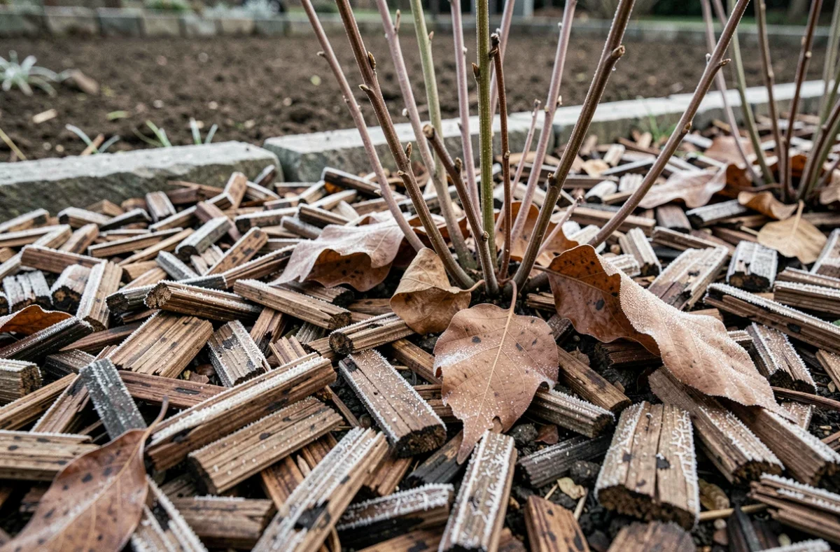Couche de paillage en copeaux de bois et feuilles mortes protégeant des plantes vivaces en hiver