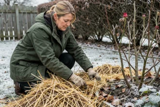 Femme étalant du paillage de paille autour de rosiers en hiver dans un jardin givré