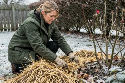 Femme étalant du paillage de paille autour de rosiers en hiver dans un jardin givré