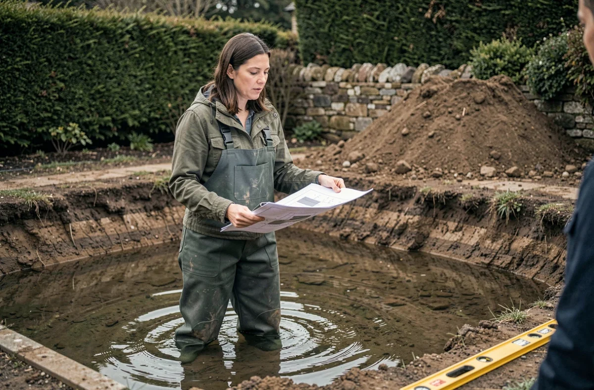 Femme paysagiste debout dans un étang de jardin vide en cours de creusement, expliquant les niveaux de profondeur à partir d'un plan technique