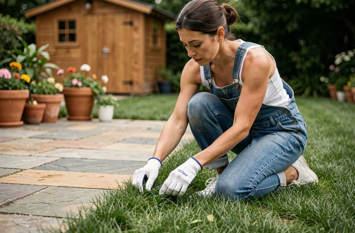 Femme vérifie hauteur gazon jardin conseils entretien pelouse
