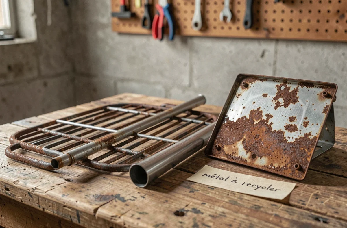 Pièces démontées d'un barbecue à gaz triées sur un établi de garage avant recyclage