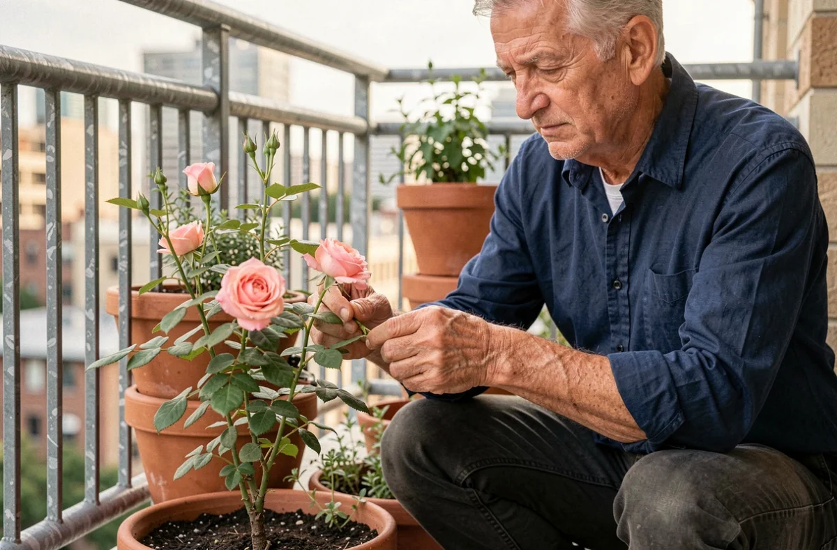 Homme âgé pinçant les pousses d'un rosier en pot sur un balcon urbain pour maîtriser sa hauteur