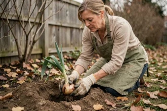 Femme plantant des bulbes d'allium dans un jardin en automne, mains gantées dans la terre
