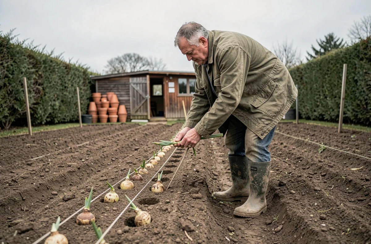Homme plantant des bulbes de glaïeuls en rang dans un potager au printemps