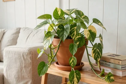 Plante pothos dépolluante dans un pot en terre cuite sur une étagère en bois dans un salon scandinave