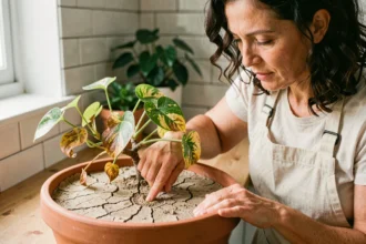 Femme vérifiant l'humidité du sol d'un pothos en pot avec son doigt, plante déshydratée aux feuilles jaunies sur un plan de travail en bois