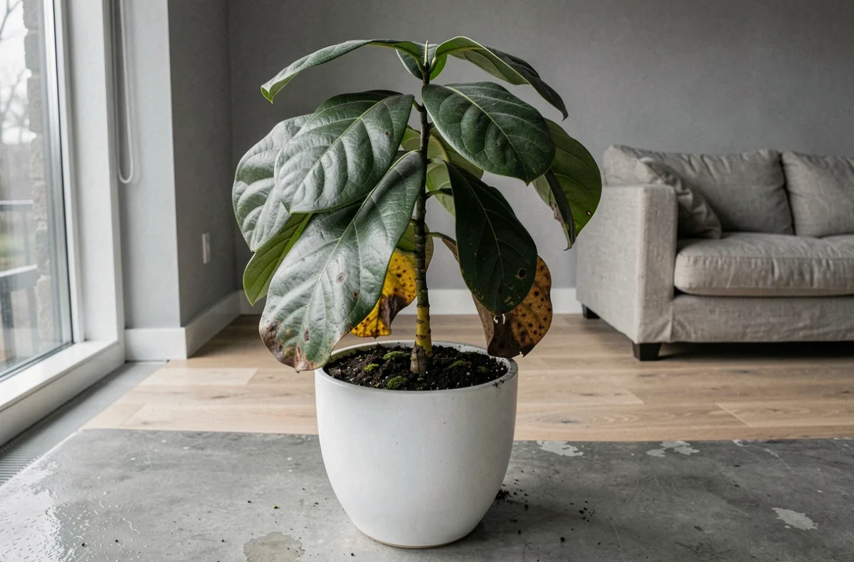 Ficus lyrata en pot blanc avec des feuilles jaunies et un sol détrempé, signes visibles d'excès d'eau dans un salon minimaliste