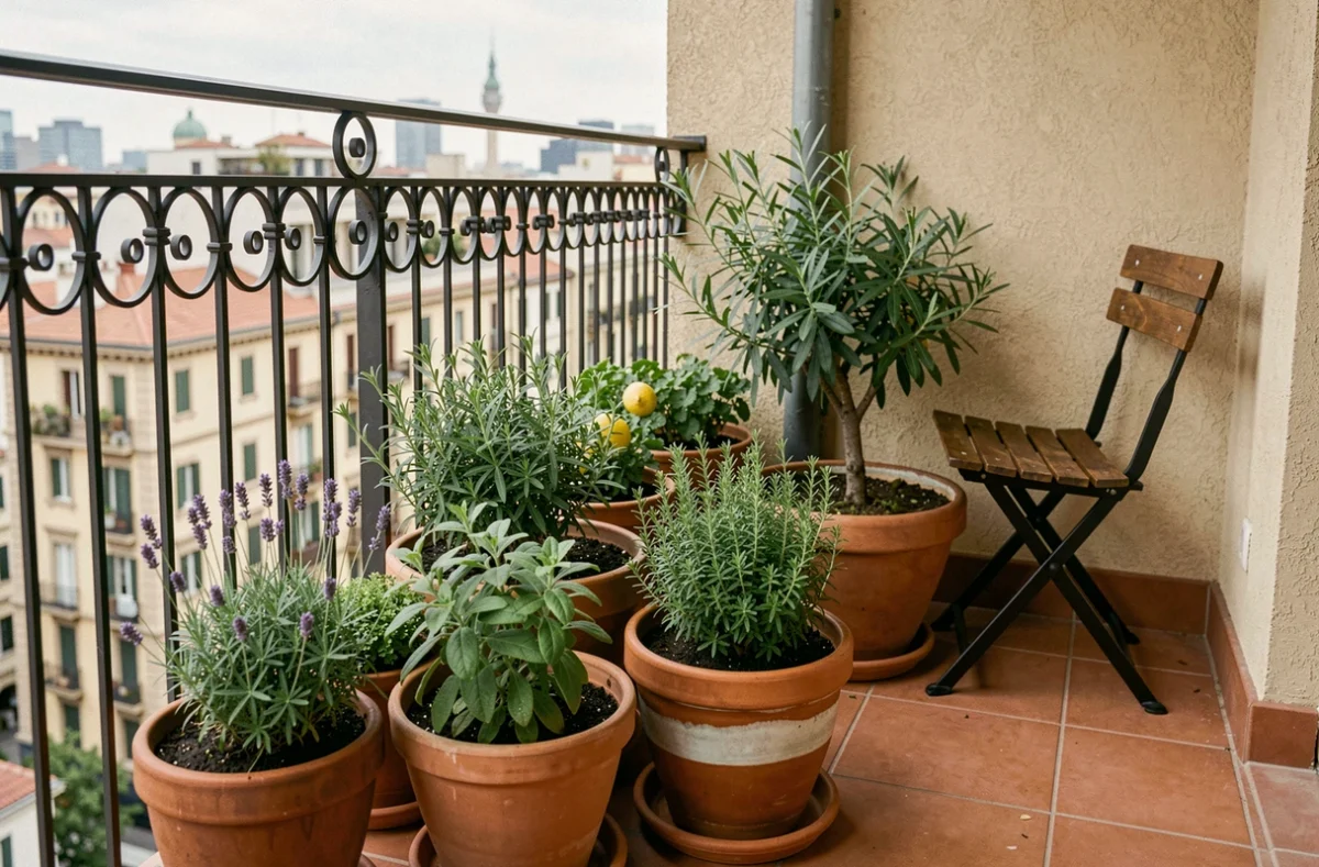 Balcon urbain avec des pots de plantes aromatiques disposés près de la rambarde avec vue sur la ville