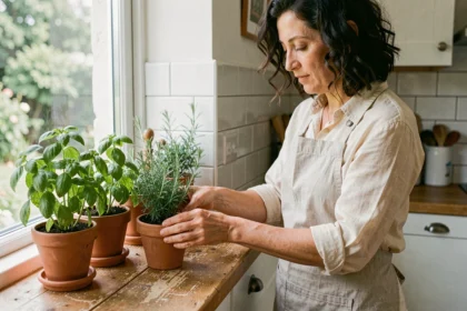 Femme arrangeant des plantes aromatiques en pots sur un rebord de fenêtre de cuisine ensoleillé