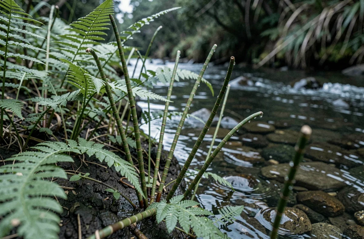 Prêles et fougères primitives poussant au bord d'un ruisseau d'eau douce, représentant parmi les plus anciennes formes de plantes vasculaires de l'histoire de la Terre