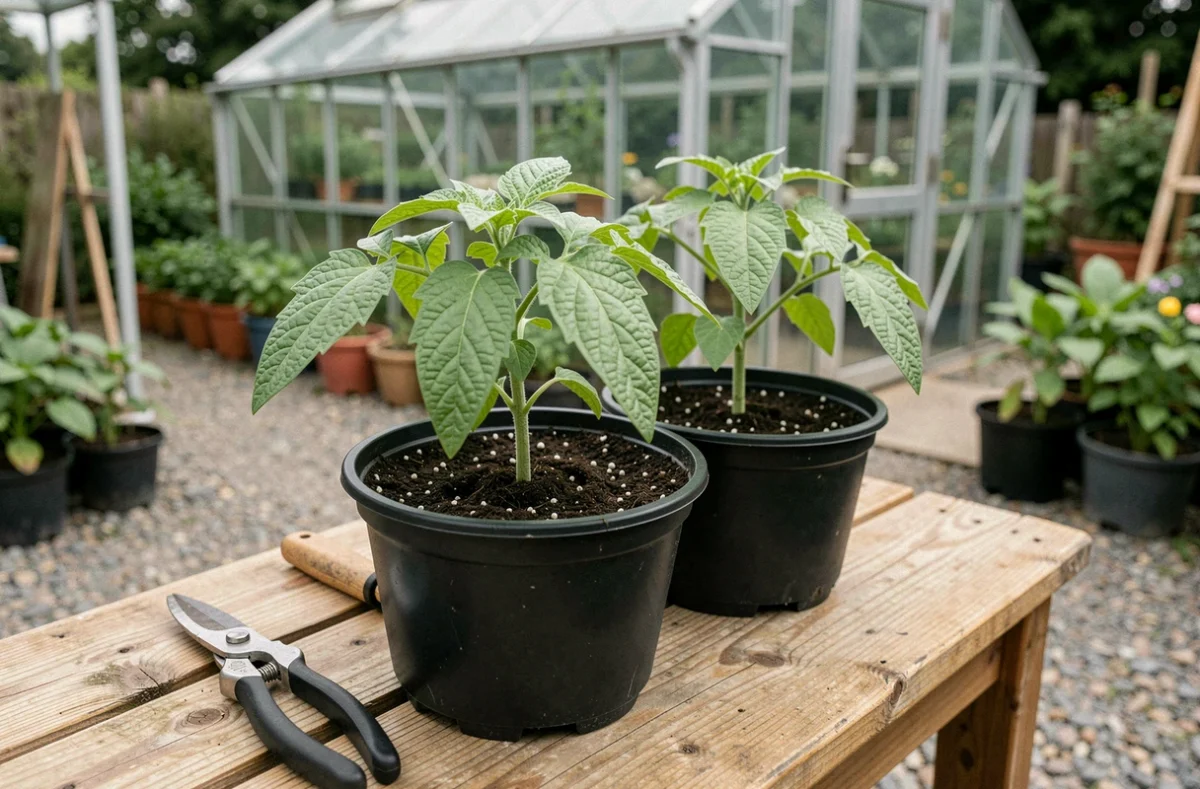 Plants de tomates en godets sur une table de rempotage près d'une serre de jardin potager