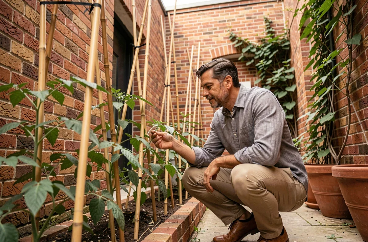 Homme inspectant des plants de tomates attachés à des tuteurs en bambou contre un mur de briques au soleil