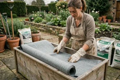 Femme posant du géotextile dans une jardinière en bois sur une terrasse en pierre