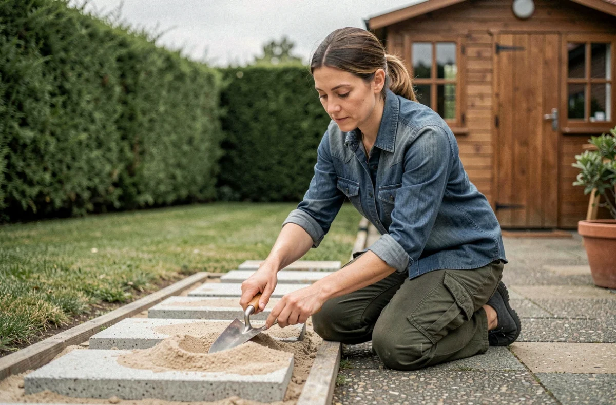 Femme nivelant du sable pour installer des pas japonais dans un jardin suburban