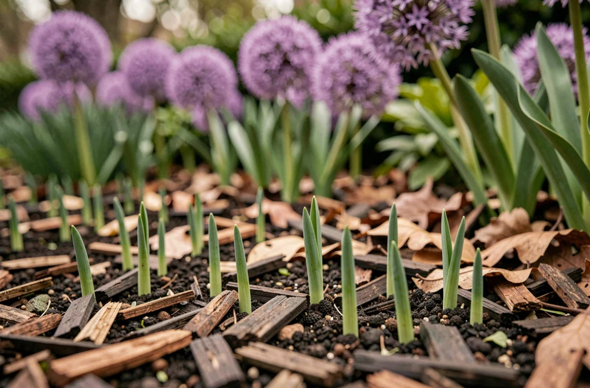Jeunes pousses d'allium émergeant du sol au printemps avec des fleurs violettes en arrière-plan