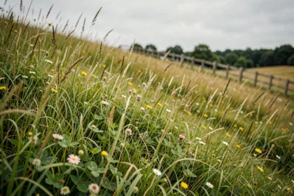 Prairie naturelle non tondue avec herbes hautes et fleurs sauvages sur une colline française au printemps