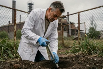 Scientifique environnemental prélevant un échantillon de sol contaminé dans une friche industrielle avec des outils de terrain professionnels