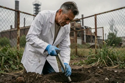 Scientifique environnemental prélevant un échantillon de sol contaminé dans une friche industrielle avec des outils de terrain professionnels