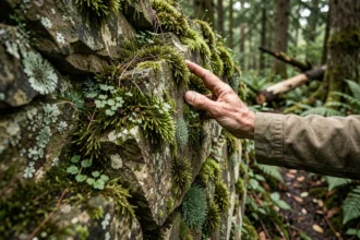 Main d'un géologue touchant une roche ancienne recouverte de mousses et de bryophytes dans une forêt tempérée, illustrant les premières plantes de la Terre