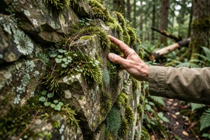 Main d'un géologue touchant une roche ancienne recouverte de mousses et de bryophytes dans une forêt tempérée, illustrant les premières plantes de la Terre