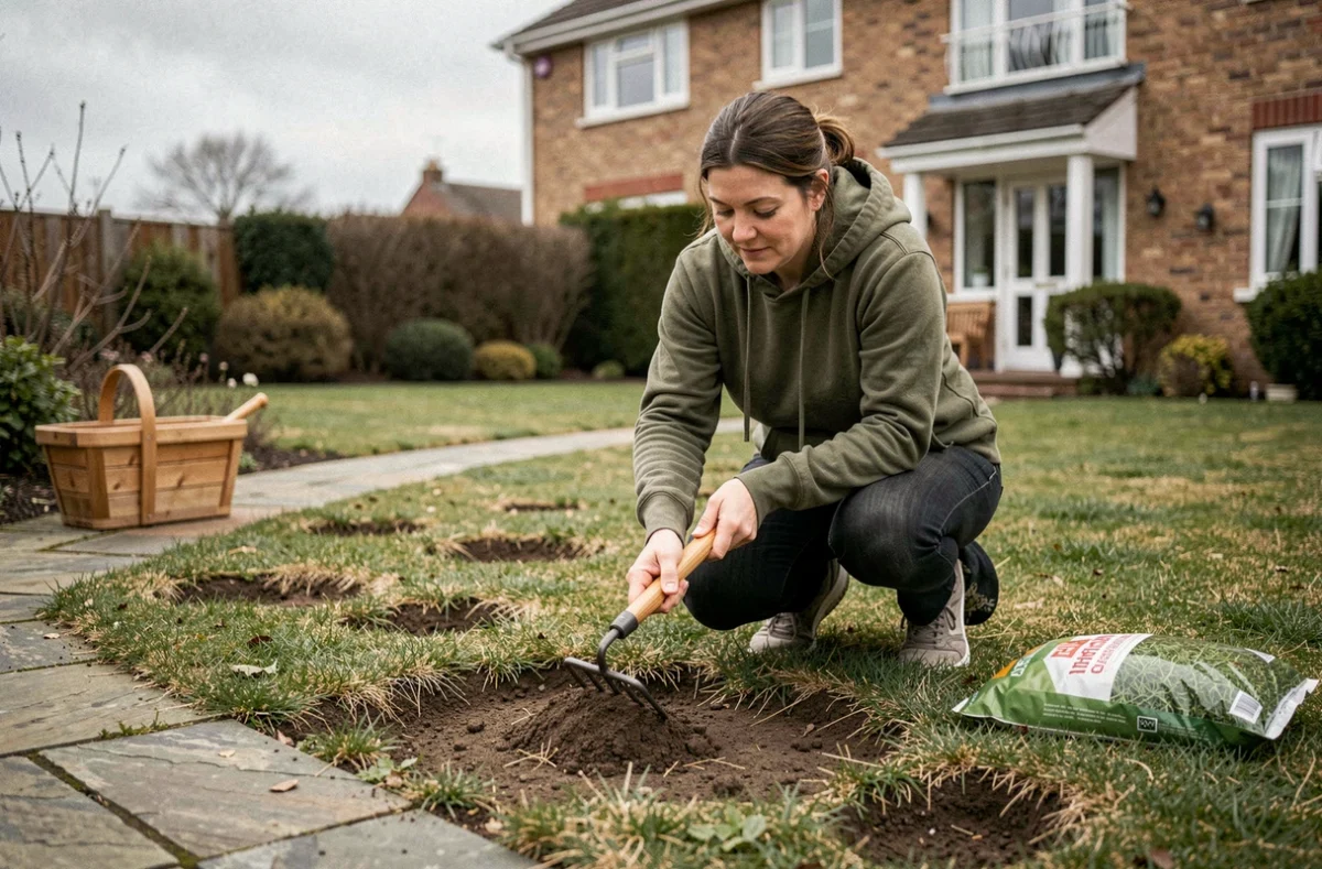 Femme préparant le sol d'une pelouse abîmée avant de semer du gazon au printemps