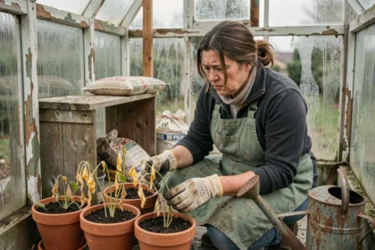 Jardinière inquiète examinant des semis jaunis et flétris dans une serre de jardin en verre avec des pots en terre cuite