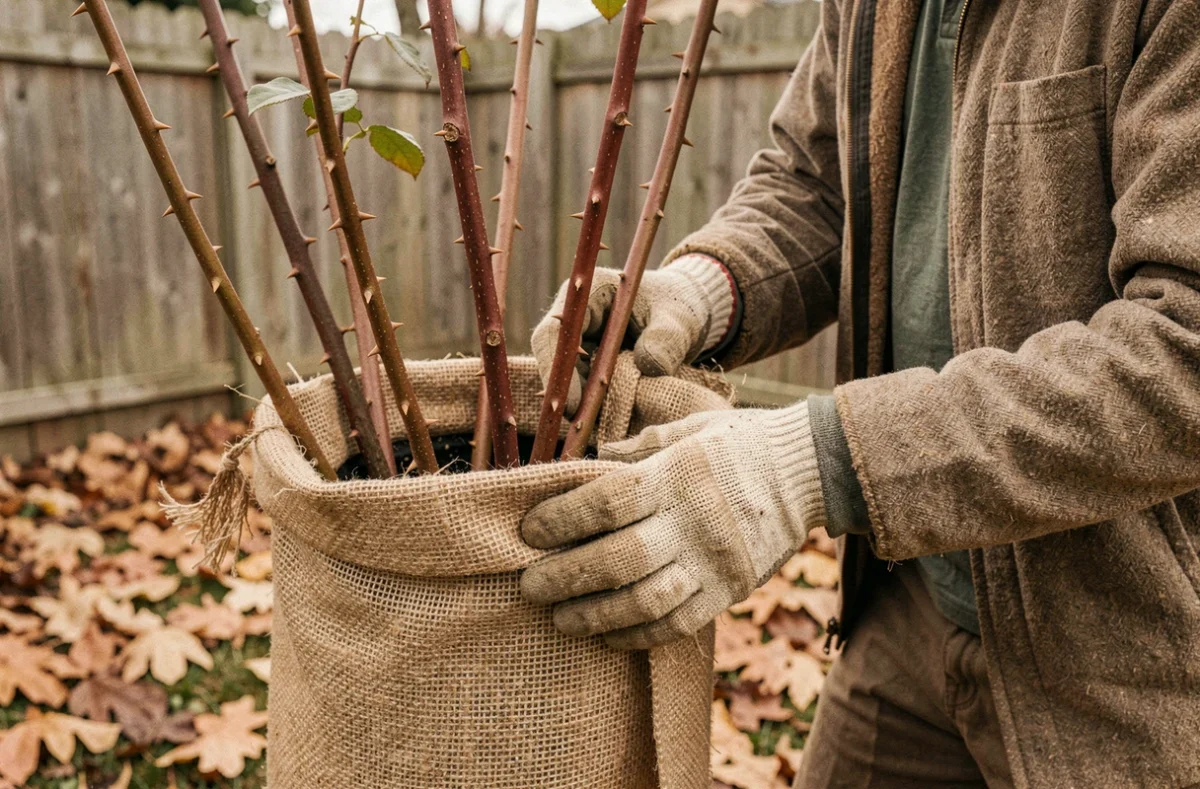 Jardinier qui protège un rosier du gel en l'enveloppant de toile de jute avant l'hiver