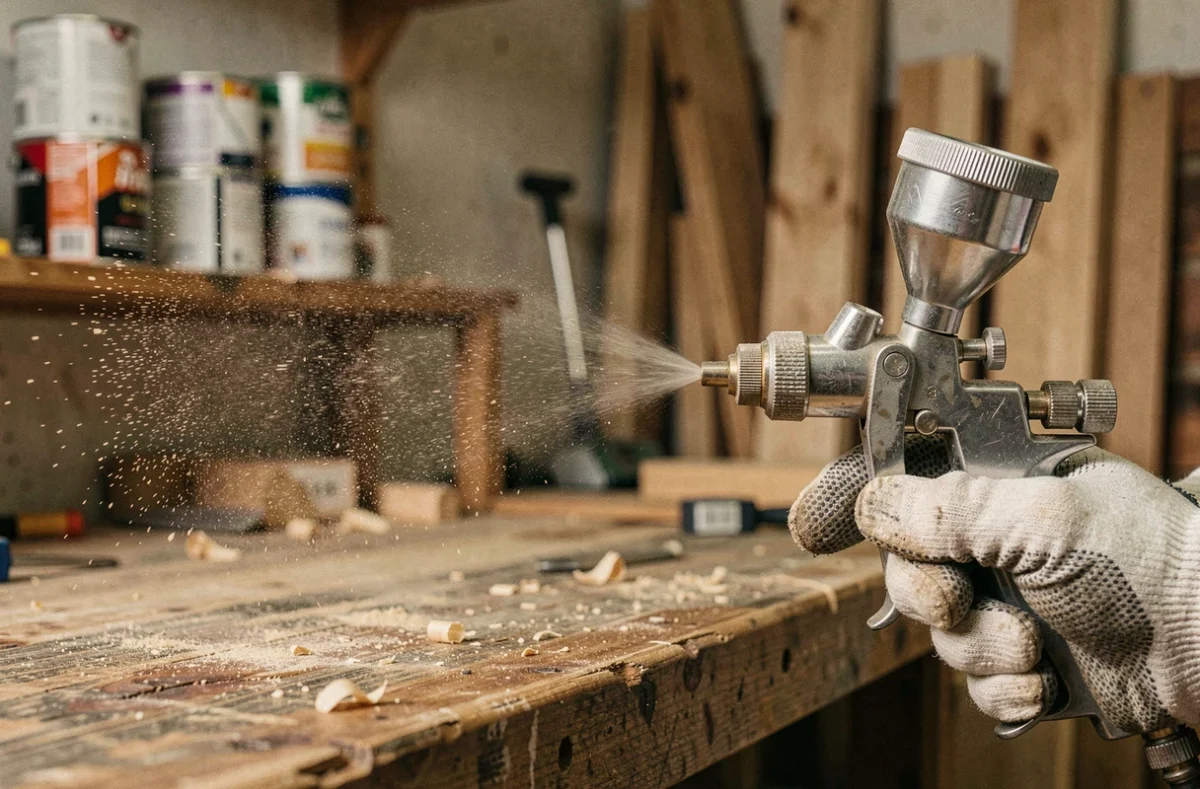 Gros plan d'un pistolet pulvérisateur appliquant un produit sur une surface en bois dans un atelier